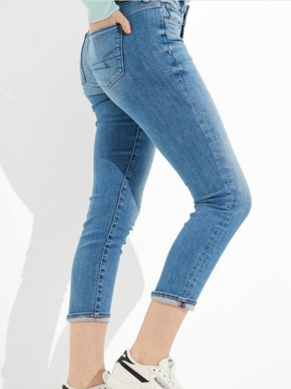 AE Next Level Artist Stretch Cotton Denim Low Rise Straight Crop Leg Jean Blue - Picture 3 of 17